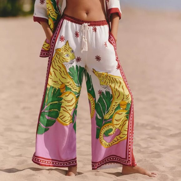 Anthropologie Pants - Anthropologie Celandine Linen Blend Wide Leg Pants Tiger Big Cats S NWT Small